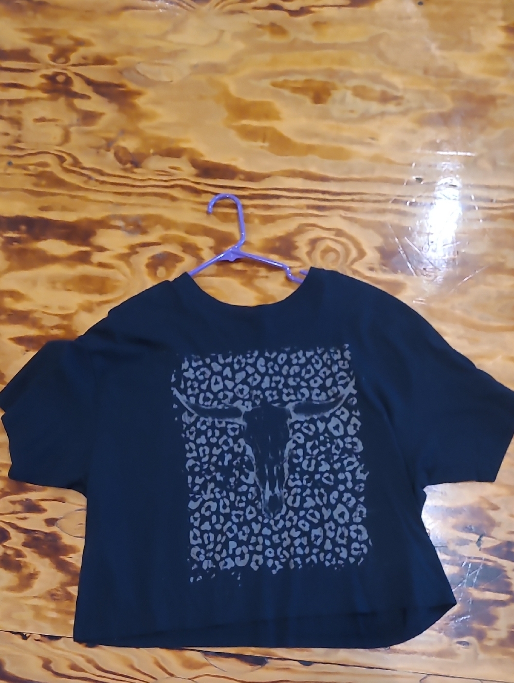 Girls' Black Graphic Crop Top with Steer Skull Print
